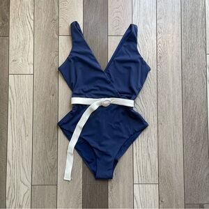 Onia Blue and White One Piece Swimsuit with Belt
